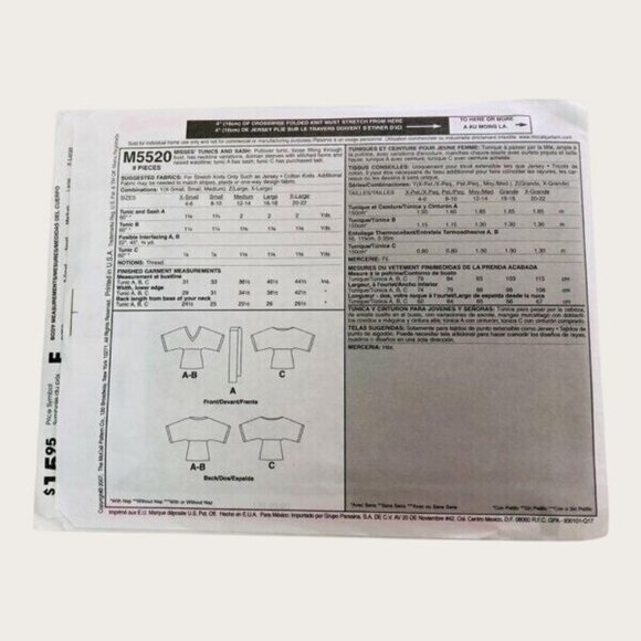 McCalls Sewing Pattern 5520 Misses Tunics and Sash Size XS-M Uncut - Picture 2 of 2